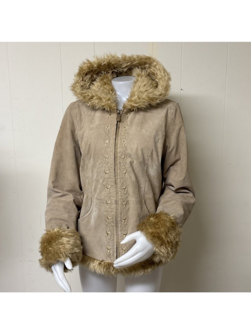 Vintage Penny Lane Hooded Coat Womens L Brown Embroidered Suede Faux Fur Trim